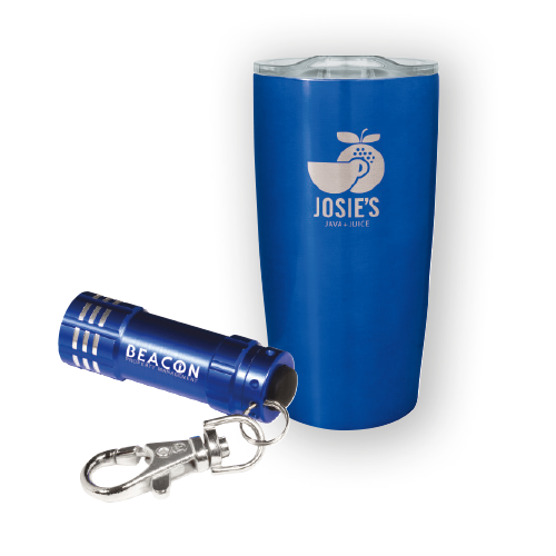 A promotional branded cup and keychain flashlight--both are blue